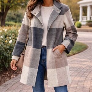 Mercer & Madison Womens Wool Blend Plaid Funnel Neck Coat Grey Large L